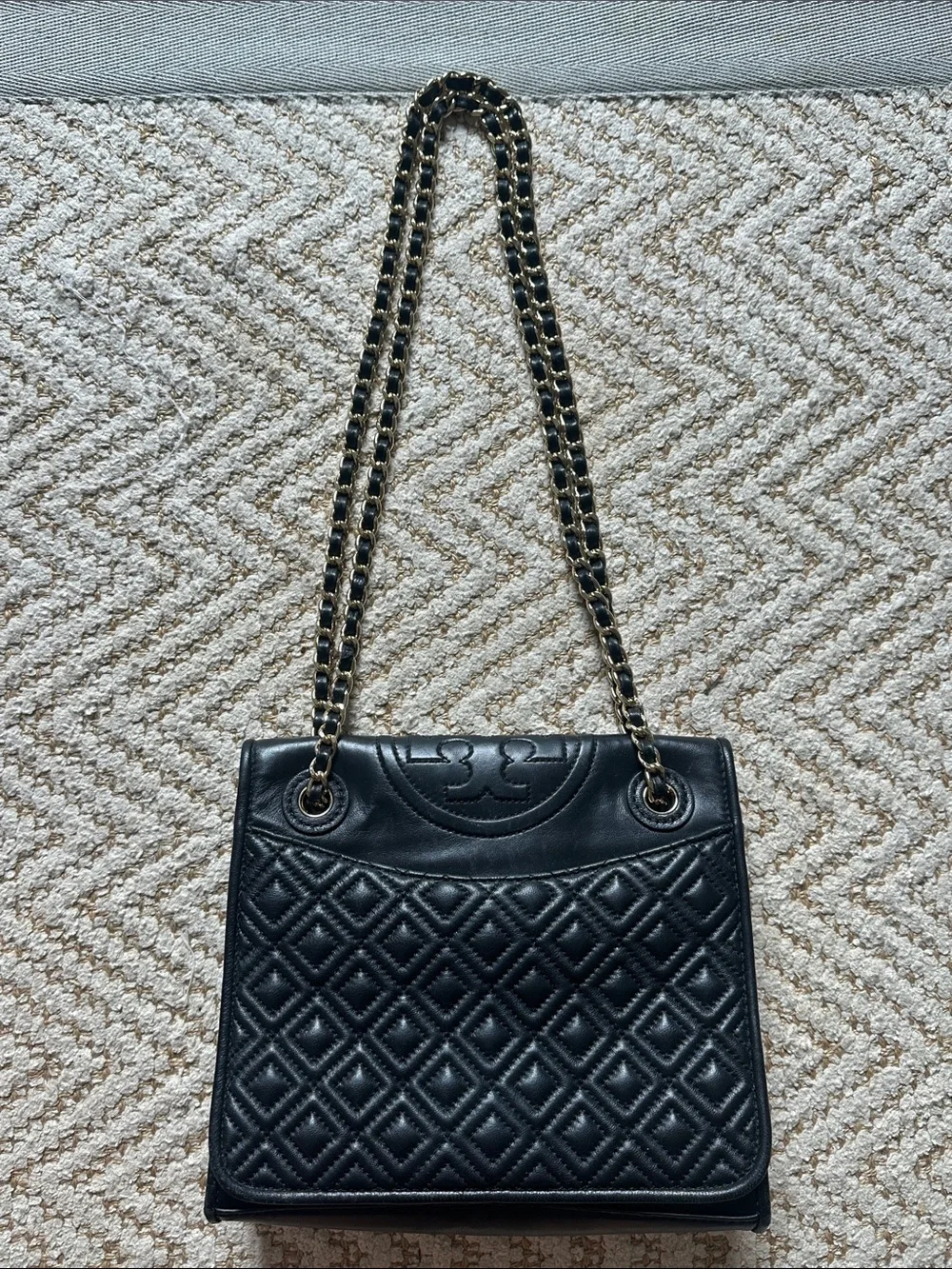 Tory Burch Black Quilted Leather Shoulder Bag with Gold Chain Strap